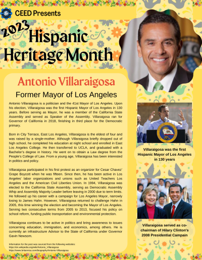 Antonio Villaraigosa is a politician and the 41st Mayor of Los Angeles. Upon his election, Villaraigosa was the first Hispanic Mayor of Los Angeles in 130 years. Before serving as Mayor, he was a member of the California State Assembly and served as Speaker of the Assembly. Villaraigosa ran for Governor of California in 2018, finishing in third place for the Democratic primary. Born in City Terrace, East Los Angeles, Villaraigosa is the eldest of four and was raised by a single-mother. Although Villaraigosa briefly dropped out of high school, he completed his education at night school and enrolled in East Los Angeles College. He then transferred to UCLA, and graduated with a Bachelor’s degree in history. He went on to obtain a Law degree from the People’s College of Law. From a young age, Villaraigosa has been interested in politics and policy. Villaraigosa participated in his first protest as an organizer for Cesar Chavez’ Grape Boycott when he was fifteen. Since then, he has been active in Los Angeles’ labor organizations and unions such as United Teachers Los Angeles and the American Civil Liberties Union. In 1994, Villaraigosa was elected to the California State Assembly, serving as Democratic Assembly Whip and Assembly Majority Leader before leaving in 2000 due to term limits. He followed up his career with a campaign for Los Angeles Mayor, narrowly losing to James Hahn. However, Villaraigosa returned to challenge Hahn in 2005, this time winning the election and becoming the Mayor of Los Angeles. Serving two consecutive terms from 2005 to 2013, focused his policy on school reform, funding public transportation and environmental protection. Villaraigosa continues to be active in politics and bring awareness to issues concerning education, immigration, and economics, among others. He is currently an infrastructure Advisor to the State of California under Governor Gavin Newsom. Information for the post was sourced from the following websites: https://en.wikipedia.org/wiki/Antonio_Villaraigosa https://www.britannica.com/biography/Antonio-Villaraigosa