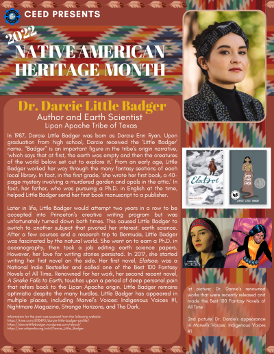 Native American Heritage Month Flyer about Dr. Darcie Little Badger. Contains the following information: In 1987, Darcie Little Badger was born as Darcie Erin Ryan. Upon graduation from high school, Darcie received the ‘Little Badger’ name. “Badger” is an important figure in the tribe’s origin narrative, ‘which says that at first, the earth was empty and then the creatures of the world below set out to explore it.’ From an early age, Little Badger worked her way through the many fantasy sections of each local library. In fact, in the first grade, ‘she wrote her first book, a 40- page mystery involving a murdered garden and opals in the attic.’ In fact, her father, who was pursuing a Ph.D. in English at the time, helped Little Badger send her first book manuscript to a publisher. Later in life, Little Badger would attempt two years in a row to be accepted into Princeton's creative writing program but was unfortunately turned down both times. This caused Little Badger to switch to another subject that pivoted her interest: earth science. After a few courses and a research trip to Bermuda, Little Badger was fascinated by the natural world. She went on to earn a Ph.D. in oceanography, then took a job editing earth science papers. However, her love for writing stories persisted. In 2017, she started writing her first novel on the side. Her first novel, Elatsoe, was a National Indie Bestseller and called one of the Best 100 Fantasy Novels of All Time. Renowned for her work, her second recent novel, A Snake Falls to Earth, touches upon a period of deep personal pain that refers back to the Lipan Apache origin. Little Badger remains optimistic despite the many hurdles. Little Badger has appeared in multiple places, including Marvel’s Voices: Indigenous Voices #1, Nightmare Magazine, Strange Horizons, and The Dark. Information for the post was sourced from the following website: https://time.com/6110495/darcie-little-badger-profile/ https://darcielittlebadger.wordpress.com/about/ https://en.wikipedia.org/wiki/Darcie_Little_Badger