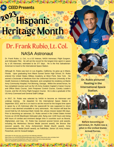 Dr. Frank Rubio, Lt. Col., is a US Veteran, NASA Astronaut, Flight Surgeon, and Helicopter Pilot. He will set the record for the longest time spent in space by a US Astronaut, estimated to be 377 days. He is the first Salvadorian-American to travel to the International Space Station. Although Dr. Rubio was born in Los Angeles, California, he grew up in Miami, Florida. Upon graduating from Miami Sunset Senior High School, Dr. Rubio entered the United States Military Academy at West Point, New York. He earned a Doctorate of Medicine from the Uniformed Services University of the Health Sciences in Bethesda, Maryland, and completed his residency at Martin Army Community Hospital, Fort Benning, Georgia. Within the armed forces, he has completed courses such as the US Army Aviation Captain’s Career Course and Officer Basic Course, Joint Firepower Control Course, Cavalry Leader’s Course, and the US Army Flight Surgeon Course. He is also a graduate of the US Army Command and General Staff College. In 2017, Dr. Rubio was selected by NASA to become an Astronaut and undergo training. He departed for the International Space Station in September 2022, and he is on track to set the record for the longest time spent in space by a US Astronaut after the spacecraft he was supposed to return home in was deemed unsuitable to carry astronauts. His mission will beat the record held by US Astronaut Mark Vande Hei, whose mission lasted 355 days. Prior to becoming an astronaut, Dr. Rubio served in the United States Armed Forces as UH-60 Blackhawk Helicopter pilot, flying over 1100 hours and doing 600 hours of combat and imminent danger time in countries such as Bosnia, Afghanistan, and Iraq. Dr. Rubio has received several honors and awards, including the Meritorious Service Medal (second award), the Bronze Star (second award), the Army Achievement Medal (fourth award), Army Commendation Medal (fourth award), as Pathfinder, Senior US Army Aviator, Parachute, and Air Assault badges. Information for the post was sourced from the following websites: https://www.cnn.com/2023/03/29/world/longest-stay-in-space-nasa-frank-rubio-scn/index.html https://www.nasa.gov/content/frank-rubio-md-lt-colonel-us-army-nasa-astronaut https://en.wikipedia.org/wiki/Francisco_Rubio_(astronaut)