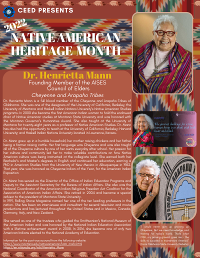 Native American Heritage Month Flyer about Dr. Henrietta Mann. Contains the following information: Dr. Henrietta Mann is a full blood member of the Cheyenne and Arapaho Tribes of Oklahoma. She was one of the designers of the University of California, Berkeley, the University of Montana and Haskell Indian Nations University's Native American Studies programs. In 2000 she became the first American Indian woman to hold the endowed chair of Native American studies at Montana State University and was honored with the Montana Governor's Humanities Award. She also taught at the University of Montana for twenty-eight years as a professor of Native American Studies. Dr. Mann has also had the opportunity to teach at the University of California, Berkeley; Harvard University; and Haskell Indian Nations University located in Lawrence, Kansas. Dr. Mann grew up in a humble household, her mother raising chickens and her father being a farmer raising cattle. Her first language was Cheyenne and was also taught all of the Cheyenne culture by one of her aunts everyday after school. Her passion for her culture and community led her to make valuable contributions on how Native American culture was being instructed at the collegiate level. She earned both her Bachelor’s and Master’s degrees in English and continued her education, earning a PhD in American Studies from the University of New Mexico in Albuquerque in 1982. That year, she was honored as Cheyenne Indian of the Year, for the American Indian Exposition Dr. Mann has served as the Director of the Office of Indian Education Programs and Deputy to the Assistant Secretary for the Bureau of Indian Affairs. She also was the National Coordinator of the American Indian Religious Freedom Act Coalition for the Association of American Indian Affairs. She retired in 2004 and became a special advisor to the president of Montana State University. In 1991, Rolling Stone Magazine named her one of the ten leading professors in the nation. She has been an interviewee and consultant for several television and movie productions and has lectured throughout the United States and in Mexico, Canada, Germany, Italy, and New Zealand. She served as one of the trustees who guided the Smithsonian's National Museum of the American Indian and was honored by the National Indian Education Association with a lifetime achievement award in 2008. In 2016, she became one of only two American Indians elected to the National Academy of Education. Information for the post was sourced from the following website: https://www.montana.edu/nativeamerican/katz_mann.html https://en.wikipedia.org/wiki/Henrietta_Mann