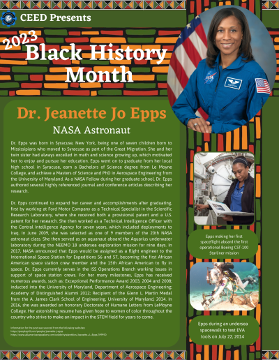 BHM Flyer about Dr. Jeanette Jo Epps. Contains the following information: Dr. Epps was born in Syracuse, New York, being one of seven children born to Mississipians who moved to Syracuse as part of the Great Migration. She and her twin sister had always excelled in math and science growing up, which motivated her to enjoy and pursue her education. Epps went on to graduate from her local high school in Syracuse, earn a Bachelors of Science degree from Le Moyne College, and achieve a Masters of Science and PhD in Aerospace Engineering from the University of Maryland. As a NASA Fellow during her graduate school, Dr. Epps authored several highly referenced journal and conference articles describing her research. Dr. Epps continued to expand her career and accomplishments after graduating, first by working at Ford Motor Company as a Technical Specialist in the Scientific Research Laboratory, where she received both a provisional patent and a U.S. patent for her research. She then worked as a Technical Intelligence Officer with the Central Intelligence Agency for seven years, which included deployments to Iraq. In June 2009, she was selected as one of 9 members of the 20th NASA astronaut class. She then served as an aquanaut aboard the Aquarius underwater laboratory during the NEEMO 18 undersea exploration mission for nine days. In 2017, NASA announced that Epps would be assigned as a flight engineer to the International Space Station for Expeditions 56 and 57, becoming the first African American space station crew member and the 15th African American to fly in space. Dr. Epps currently serves in the ISS Operations Branch working issues in support of space station crews. For her many milestones, Epps has received numerous awards, such as: Exceptional Performance Award 2003, 2004 and 2008; inducted into the University of Maryland, Department of Aerospace Engineering; Academy of Distinguished Alumni 2012; Recipient of the Glenn L. Martin Medal from the A. James Clark School of Engineering, University of Maryland, 2014. In 2016, she was awarded an honorary Doctorate of Humane Letters from LeMoyne College. Her astonishing resume has given hope to women of color throughout the country who strive to make an impact in the STEM field for years to come. Information for the post was sourced from the following websites: https://peoplepill.com/people/jeanette-j-epps https://www.allamericanspeakers.com/celebritytalentbios/Jeanette+J.+Epps/399930
