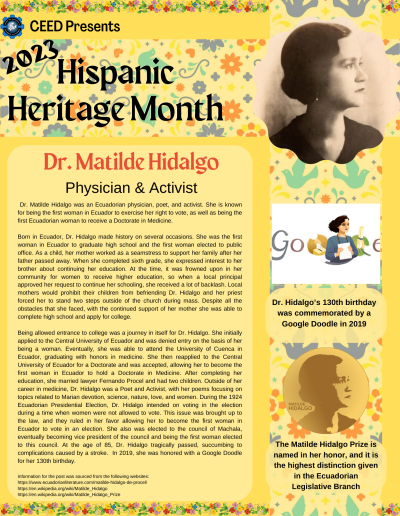 Dr. Matilde Hidalgo was an Ecuadorian physician, poet, and activist. She is known for being the first woman in Ecuador to exercise her right to vote, as well as being the first Ecuadorian woman to receive a Doctorate in Medicine. Born in Ecuador, Dr. Hidalgo made history on several occasions. She was the first woman in Ecuador to graduate high school and the first woman elected to public office. As a child, her mother worked as a seamstress to support her family after her father passed away. When she completed sixth grade, she expressed interest to her brother about continuing her education. At the time, it was frowned upon in her community for women to receive higher education, so when a local principal approved her request to continue her schooling, she received a lot of backlash. Local mothers would prohibit their children from befriending Dr. Hidalgo and her priest forced her to stand two steps outside of the church during mass. Despite all the obstacles that she faced, with the continued support of her mother she was able to complete high school and apply for college. Being allowed entrance to college was a journey in itself for Dr. Hidalgo. She initially applied to the Central University of Ecuador and was denied entry on the basis of her being a woman. Eventually, she was able to attend the University of Cuenca in Ecuador, graduating with honors in medicine. She then reapplied to the Central University of Ecuador for a Doctorate and was accepted, allowing her to become the first woman in Ecuador to hold a Doctorate in Medicine. After completing her education, she married lawyer Fernando Procel and had two children. Outside of her career in medicine, Dr. Hidalgo was a Poet and Activist, with her poems focusing on topics related to Marian devotion, science, nature, love, and women. During the 1924 Ecuadorian Presidential Election, Dr. Hidalgo intended on voting in the election during a time when women were not allowed to vote. This issue was brought up to the law, and they ruled in her favor allowing her to become the first woman in Ecuador to vote in an election. She also was elected to the council of Machala, eventually becoming vice president of the council and being the first woman elected to this council. At the age of 85, Dr. Hidalgo tragically passed, succumbing to complications caused by a stroke. In 2019, she was honored with a Google Doodle for her 130th birthday. Information for the post was sourced from the following websites: https://www.ecuadorianliterature.com/matilde-hidalgo-de-procel/ https://en.wikipedia.org/wiki/Matilde_Hidalgo https://en.wikipedia.org/wiki/Matilde_Hidalgo_Prize