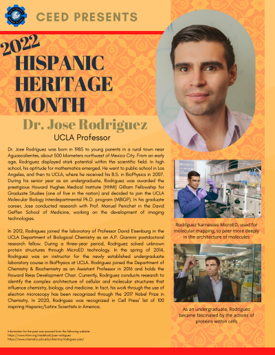 Hispanic Heritage Month Flyer about Professor Jose A. Rodriguez. Contains the following information: Dr. Jose Rodríguez was born in 1985 to young parents in a rural town near Aguascalientes, about 500 kilometers northwest of Mexico City. From an early age, Rodriguez displayed stark potential within the scientific field. In high school, his aptitude for mathematics emerged. He went to public school in Los Angeles, and then to UCLA, where he received his B.S. in BioPhysics in 2007. During his senior year as an undergraduate, Rodriguez was awarded the prestigious Howard Hughes Medical Institute (HHMI) Gilliam Fellowship for Graduate Studies (one of five in the nation) and decided to join the UCLA Molecular Biology Interdepartmental Ph.D. program (MBIGP). In his graduate career, Jose conducted research with Prof. Manuel Penichet in the David Geffen School of Medicine, working on the development of imaging technologies. In 2012, Rodriguez joined the laboratory of Professor David Eisenburg in the UCLA Department of Biological Chemistry as an A.P. Giannini postdoctoral research fellow. During a three-year period, Rodriguez solved unknown protein structures through MicroED technology. In the spring of 2014, Rodriguez was an instructor for the newly established undergraduate laboratory course in BioPhysics at UCLA. Rodriguez joined the Department of Chemistry & Biochemistry as an Assistant Professor in 2016 and holds the Howard Reiss Development Chair. Currently, Rodriguez conducts research to identify the complex architecture of cellular and molecular structures that influence chemistry, biology, and medicine. In fact, his work through the use of electron microscopy has been recognized through the 2017 Nobel Prize in Chemistry. In 2020, Rodriguez was recognized in Cell Press’ list of 100 inspiring Hispanic/Latinx Scientists in America. Information for the post was sourced from the following website: https://www.hhmi.org/insidelook/jose-rodriguez https://www.chemistry.ucla.edu/directory/rodriguez-jose/