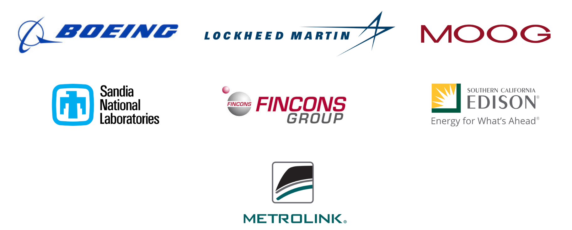 Image of the 12 company logos that comprise the industry advisory board. These are: Boeing, Raytheon Technologies, Northrop Grumman, Viasat, Chevron, Lockheed Martin, MetroLink, Edison, Apple, Johnson and Johnson, CGI, and Oracle.