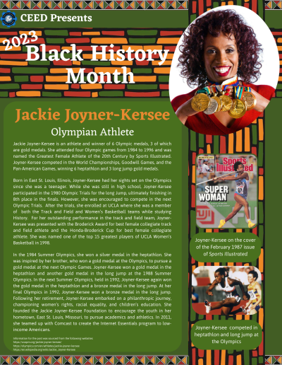 BHM Flyer for Jackie Joyner Kersee. Contains the following information: Jackie Joyner-Kersee is an athlete and winner of 6 Olympic medals, 3 of which are gold medals. She attended four Olympic games from 1984 to 1996 and was named the Greatest Female Athlete of the 20th Century by Sports Illustrated. Joyner-Kersee competed in the World Championships, Goodwill Games, and the Pan-American Games, winning 6 heptathlon and 3 long jump gold medals. Born in East St. Louis, Illinois, Joyner-Kersee had her sights set on the Olympics since she was a teenager. While she was still in high school, Joyner-Kersee participated in the 1980 Olympic Trials for the long Jump, ultimately finishing in 8th place in the finals. However, she was encouraged to compete in the next Olympic Trials. After the trials, she enrolled at UCLA where she was a member of both the Track and Field and Women’s Basketball teams while studying History. For her outstanding performance in the track and field team, Joyner-Kersee was presented with the Broderick Award for best female collegiate track and field athlete and the Honda-Broderick Cup for best female collegiate athlete. She was named one of the top 15 greatest players of UCLA Women’s Basketball in 1998. In the 1984 Summer Olympics, she won a silver medal in the heptathlon. She was inspired by her brother, who won a gold medal at the Olympics, to pursue a gold medal at the next Olympic Games. Joyner-Kersee won a gold medal in the heptathlon and another gold medal in the long jump at the 1988 Summer Olympics. In the next Summer Olympics, held in 1992, Joyner-Kersee again won the gold medal in the heptathlon and a bronze medal in the long jump. At her final Olympics in 1992, Joyner-Kersee won a bronze medal in the long jump. Following her retirement, Joyner-Kersee embarked on a philanthropic journey, championing women’s rights, racial equality, and children’s education. She founded the Jackie Joyner-Kersee Foundation to encourage the youth in her hometown, East St. Louis, Missouri, to pursue academics and athletics. In 2011, she teamed up with Comcast to create the Internet Essentials program to low-income Americans. Information for the post was sourced from the following websites: https://usopm.org/jackie-joyner-kersee/ https://olympics.com/en/athletes/jackie-joyner-kersee https://en.wikipedia.org/wiki/Jackie_Joyner-Kersee
