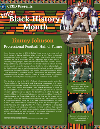 BHM Flyer for Jimmy Johnson. Contains the following information: Jimmy Johnson was born in 1938 in Dallas, Texas, where he grew up until his family moved to Central California when he was a boy. There, he attended Kingsburg High School in Fresno County. Johnson’s older brother, Rafer Johnson, preceded him as a multi-sport star at Kingsburgh High School and UCLA, ultimately winning the gold medal in the decathlon at the 1960 Summer Olympics. This paved the way for Jimmy to strive for athletic excellence with an inspiring mentor to guide him on his journey. Johnson decided to attend UCLA and play for the Bruins Football team as a wingback and defensive back, where he totaled 812 yards from scrimmage in 1959 and 1960. He also competed in track and field at UCLA, won the NCAA 110-meter hurdles championship, and was named an All-American in track and field. While a student at UCLA, Johnson also joined Pi Lambda Phi Fraternity, where he is recognized as a prominent alumni brother. After deciding to enter in the 1961 NFL Draft, Johnson was selected by the San Francisco 49ers as the sixth overall pick. As a rookie, he appeared in 12 games, played at the cornerback position, and intercepted five passes for a career-high 116 return yards. Johnson later became a wide receiver and caught 34 passes for 626 yards and four touchdowns in his first season at this position. One of his most impressive performances was against the Detroit Lions, in which he caught 11 passes for 181 yards. Johnson also had caught a game-winning 80-yard touchdown reception against the Chicago Bears, which at the time was the longest scoring pass in 49ers history. He then returned to defense in 1963 and played principally at safety and cornerback for the rest of his career. Johnson was selected four times as a first-team All Pro and was selected to play in five Pro Bowls throughout his career. According to his biography at the Pro Football Hall of Fame, he is regarded as one of the best man-to-man defenders in history. Johnson has received numerous honors for his football career, including being inducted into the Fresno Athletic Hall of Fame, Bay Area Sports Hall of Fame, UCLA Athletics Hall of Fame, Pro Football Hall of Fame, and San Francisco 49ers Hall of Fame. Information for the post was sourced from the following websites:https://americanfootballdatabase.fandom.com/wiki/Jimmy_Johnson_(cornerback)#cite_note-PFR-1