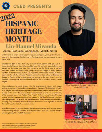 Hispanic Heritage Month Flyer about Lin-Manuel Miranda. Contains the following information: Lin-Manuel is an award-winning actor, producer, composer, lyricist, and writer. He is creator of the musicals, Hamilton and In the Heights and has contributed to many Disney films. Miranda was born in New York City to Puerto-Rican parents and grew up in a predominantly Hispanic Manhattan neighborhood. His mother is a psychologist who earned her doctorate from New York University and his father was a political consultant involved with several New York politicians. At the age of seven, Miranda watched his first Broadway musical, Les Misérables, and became inspired to pursue a career in the arts. He attended Wesleyan University in Connecticut and earned his degree in Theatre while writing songs and scripts on his own time. It was at Wesleyan University that he drafted the first score for his breakout musical, In the Heights. Upon graduation, he went straight into the entertainment industry and began working on putting In the Heights into production. Debuting Off-Broadway in 2007, In he Heights was well received by critics and launched Miranda into stardom. The musical ran for over a thousand performances on Broadway and won several Tonys, a Grammy, and became a Pulitzer Prize Finalist. He followed up his breakthrough musical with his magnum opus, Hamilton, inspired by the life of Alexander Hamilton, a Founding Father. The musical has earned Miranda several awards since its debut including Tonys, Grammys, and a Pulitzer Prize. Hamilton is often regarded as one of the most impactful musicals of modern times. Miranda continues to be an influential figure in entertainment, with his most recent works including Disney’s Encanto, his directorial debut Tick, Tick... Boom!, and the upcoming Disney film The Little Mermaid. Information for the post was sourced from the following websites: https://www.britannica.com/biography/Lin-Manuel-Miranda https://en.wikipedia.org/wiki/Lin-Manuel_Miranda