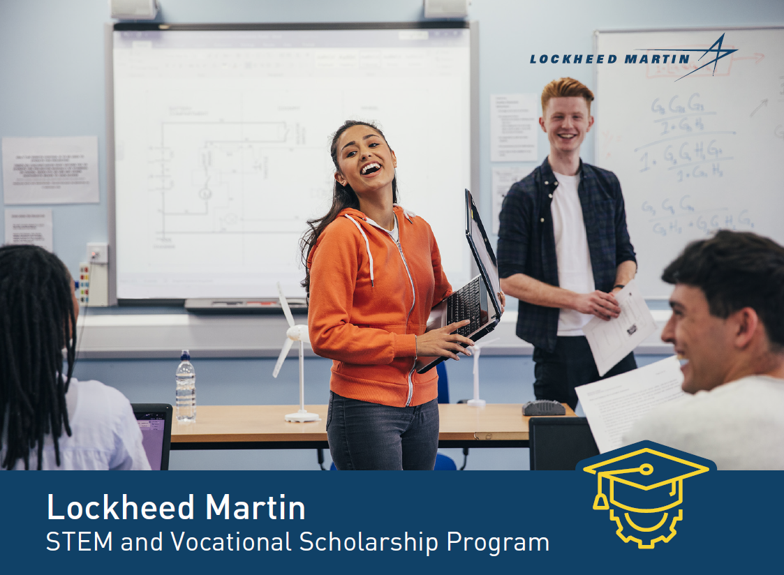Image of 4 students enjoying a class. Includes Logo for Lockheed Martin STEM and Vocational Scholarship Program