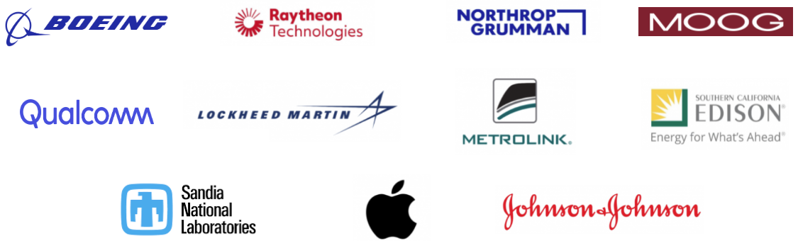 Image of the 12 company logos that comprise the industry advisory board. These are: Boeing, Raytheon Technologies, Northrop Grumman, Viasat, Chevron, Lockheed Martin, MetroLink, Edison, Apple, Johnson and Johnson, CGI, and Oracle.