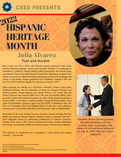 Hispanic Heritage Month Flyer about Poet and Novelist Julia Alvarez. Contains following information: Born in New York City in 1950, Julia Alvarez's parents returned to their native country, Dominican Republic, shortly after her birth. Involved in an underground movement to overthrow General Rafael Trujillo’s dictatorship, the Alvarez family was forced to flee to the United States 10 years later. Adjusting to immigrant life, Alvarez was forced to refine her English, developing a passion for language and writing in high school. Alvarez graduated from Middlebury College in 1971 and went on to earn a Master’s degree from Syracuse University in 1975. Often exploring her identity as a Dominican American, Alvarez writes about childhood memories and the experience of being an immigrant between two clashing cultures. Alvarez explores this cultural theme in her novels, How the Garcia Girls Lost Their Accents (1991) and In the Time of Butterflies (1994), which garnered critical and commercial success. Her other novels include Something to Declare (1998), In the Name of Salomé (2000), Saving the World (2006), Once Upon A Quinceañera: Coming of Age in the USA (2007), A Wedding in Haiti: The Story of a Friendship (2012) and Afterlife (2020). Alvarez also wrote collections of poetry, such as The Other Side (1995) and The Woman I Kept to Myself (2004). Renowned for her work, Alvarez has won numerous awards including the Pura Belpre and Americas Awards, Hispanic Heritage Award in Literature, and the F. Scott Fitzgerald Award for outstanding Achievement in American Literature. Outside of her work, in 1997, with her husband, Bill Eichner, Alvarez established Alta Gracia, a sustainable coffee farm/literacy center in the Dominican Republic. “The elasticity of imagination and compassion is what writing and reading promote.” - Julia Alvarez Information for the post was sourced from the following website: https://www.juliaalvarez.com/about https://www.poetryfoundation.org/poets/julia-alvarez https://www.nbcnews.com/news/latino/celebrated-latina-author-julia-alvarez-her-new-novel-afterlife-isolation- n1185616