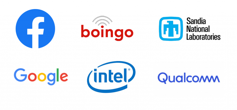 Image of 6 companies that are industry partners: Facebook, Boingo, Sandia National Laboratories, Google, intel, Qualcomm
